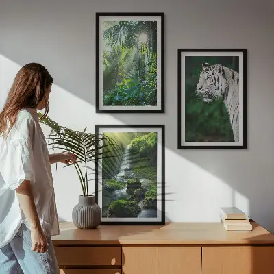 Wanddecoratie set schilderijen met jungle tijger en waterval