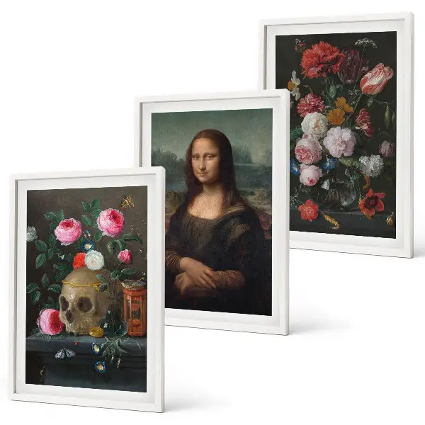 Fotowand met bloemen, schedel en een portret van de Mona Lisa