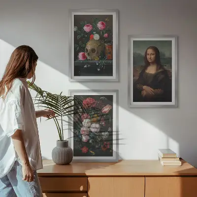 Fotowand met bloemen, schedel en een portret van de Mona Lisa