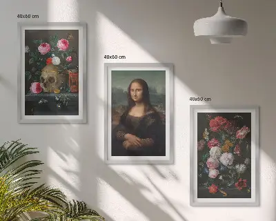 Fotowand met bloemen, schedel en een portret van de Mona Lisa