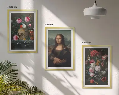 Fotowand met bloemen, schedel en een portret van de Mona Lisa