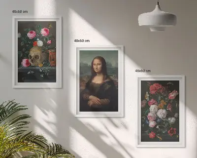 Fotowand met bloemen, schedel en een portret van de Mona Lisa