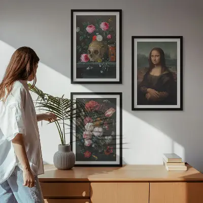 Fotowand met bloemen, schedel en een portret van de Mona Lisa