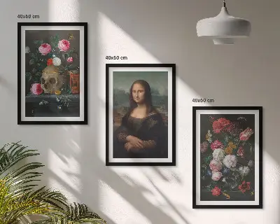 Fotowand met bloemen, schedel en een portret van de Mona Lisa