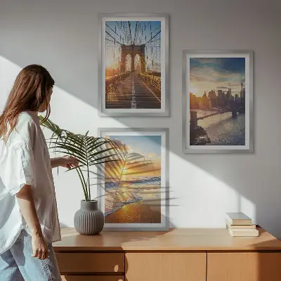 Wanddecoratie set schilderijen met bruggen en zonsondergangen in de stad