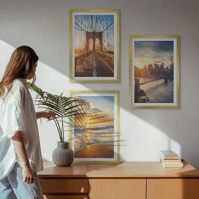 Wanddecoratie set schilderijen met bruggen en zonsondergangen in de stad