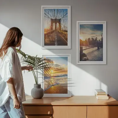 Wanddecoratie set schilderijen met bruggen en zonsondergangen in de stad