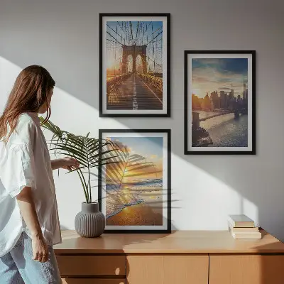 Wanddecoratie set schilderijen met bruggen en zonsondergangen in de stad