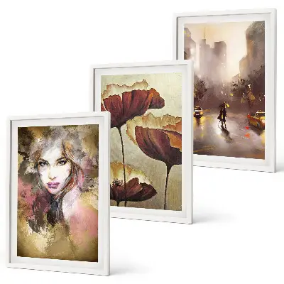 Wanddecoratie set schilderijen Abstract portret van een vrouw met bloemen en regen.