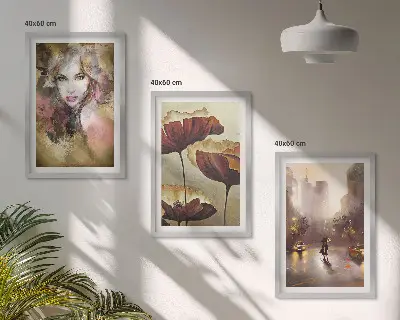 Wanddecoratie set schilderijen Abstract portret van een vrouw met bloemen en regen.