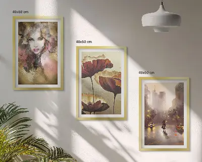 Wanddecoratie set schilderijen Abstract portret van een vrouw met bloemen en regen.