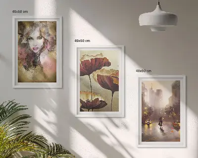 Wanddecoratie set schilderijen Abstract portret van een vrouw met bloemen en regen.