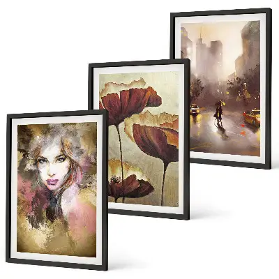 Wanddecoratie set schilderijen Abstract portret van een vrouw met bloemen en regen.