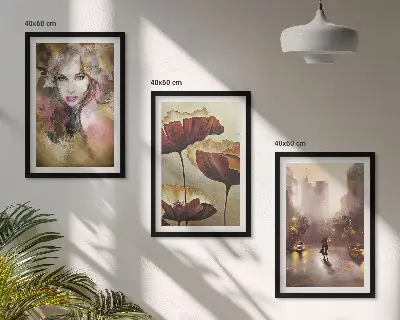 Wanddecoratie set schilderijen Abstract portret van een vrouw met bloemen en regen.