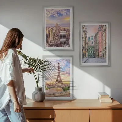Fotowand met steden New York en Parijs in de schemering