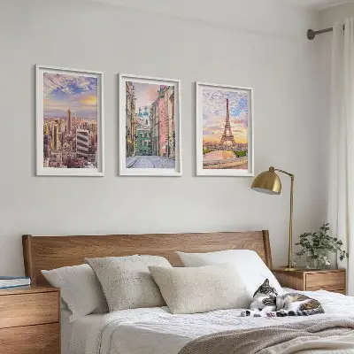 Fotowand met steden New York en Parijs in de schemering