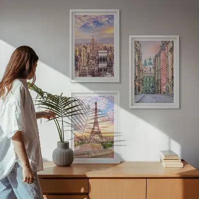 Fotowand met steden New York en Parijs in de schemering