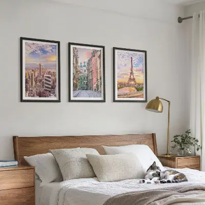 Fotowand met steden New York en Parijs in de schemering