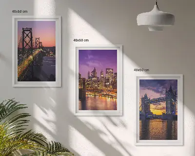 Wanddecoratie set schilderijen met uitzicht op een stad met bruggen en zon
