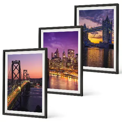 Wanddecoratie set schilderijen met uitzicht op een stad met bruggen en zon
