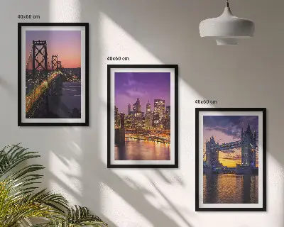 Wanddecoratie set schilderijen met uitzicht op een stad met bruggen en zon