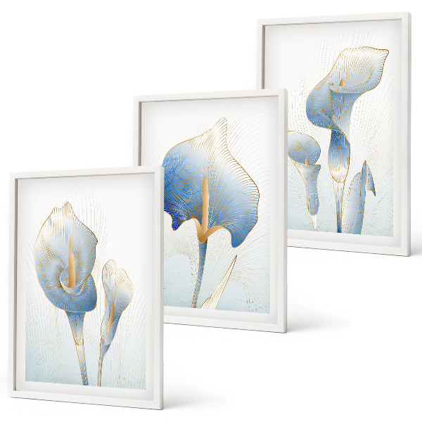 Wanddecoratie set schilderijen Blauwe bloemen op de achtergrond