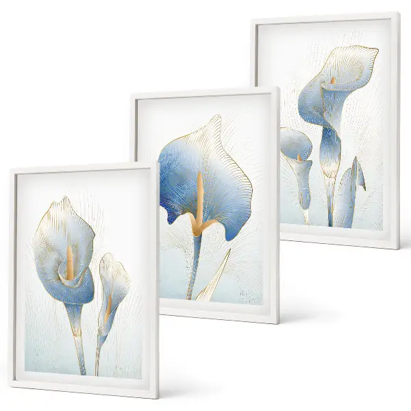 Wanddecoratie set schilderijen met blauwe bloemen op de achtergrond