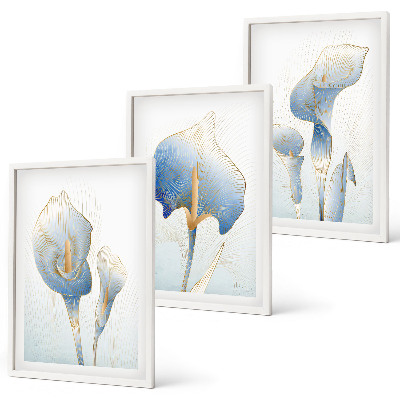 Wanddecoratie set schilderijen Blauwe bloemen op de achtergrond