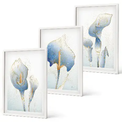 Wanddecoratie set schilderijen met blauwe bloemen op de achtergrond