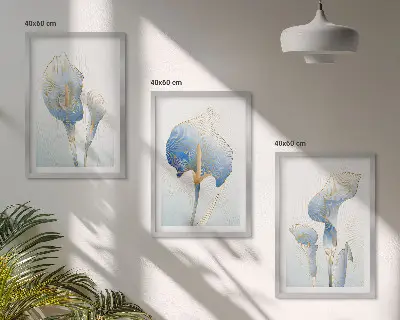 Wanddecoratie set schilderijen met blauwe bloemen op de achtergrond