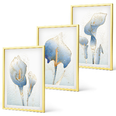 Wanddecoratie set schilderijen Blauwe bloemen op de achtergrond