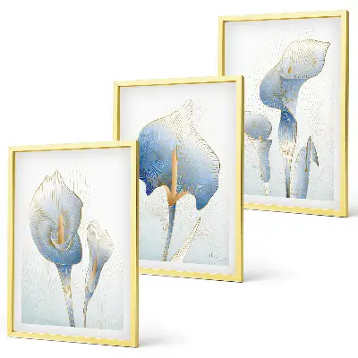 Wanddecoratie set schilderijen met blauwe bloemen op de achtergrond