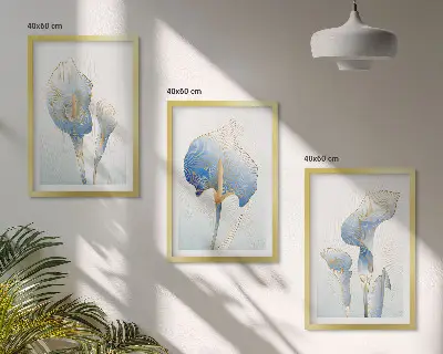 Wanddecoratie set schilderijen met blauwe bloemen op de achtergrond