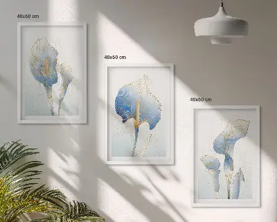Wanddecoratie set schilderijen met blauwe bloemen op de achtergrond