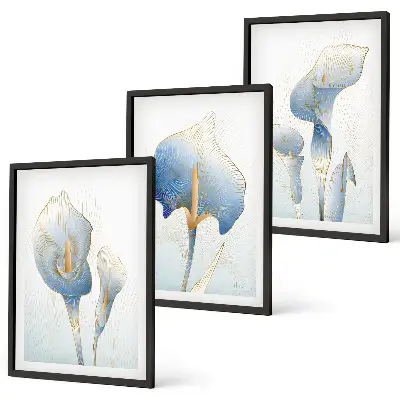 Wanddecoratie set schilderijen met blauwe bloemen op de achtergrond