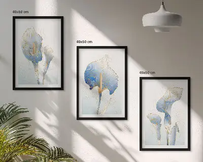 Wanddecoratie set schilderijen met blauwe bloemen op de achtergrond