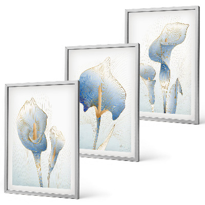 Wanddecoratie set schilderijen Blauwe bloemen op de achtergrond