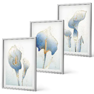 Wanddecoratie set schilderijen met blauwe bloemen op de achtergrond