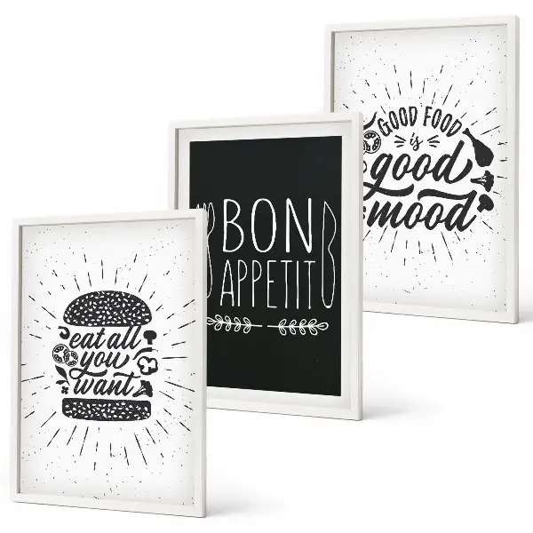 Wanddecoratieset met schilderijen met grafische afbeeldingen en culinaire slogans over voedsel
