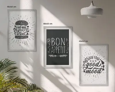 Wanddecoratieset met schilderijen met grafische afbeeldingen en culinaire slogans over voedsel