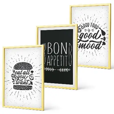 Wanddecoratieset met schilderijen met grafische afbeeldingen en culinaire slogans over voedsel