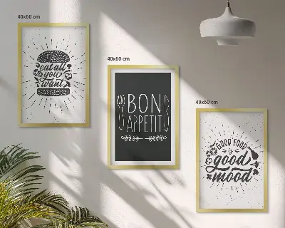 Wanddecoratieset met schilderijen met grafische afbeeldingen en culinaire slogans over voedsel