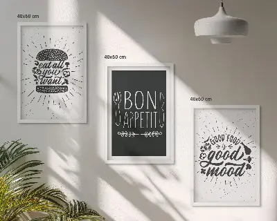 Wanddecoratieset met schilderijen met grafische afbeeldingen en culinaire slogans over voedsel