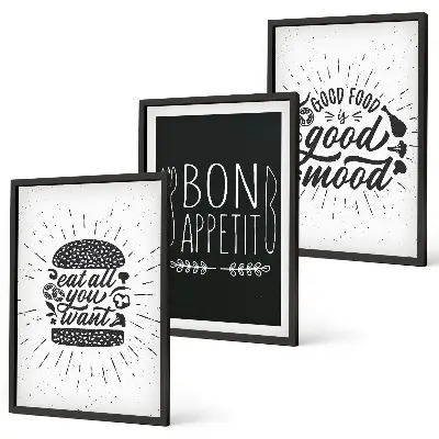 Wanddecoratieset met schilderijen met grafische afbeeldingen en culinaire slogans over voedsel