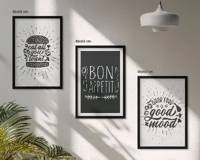 Wanddecoratieset met schilderijen met grafische afbeeldingen en culinaire slogans over voedsel