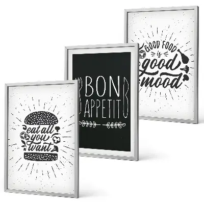Wanddecoratieset met schilderijen met grafische afbeeldingen en culinaire slogans over voedsel