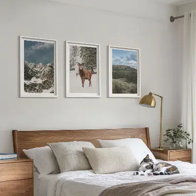 Wanddecoratieset schilderijen met bergen, sneeuwherten en een boslandschap
