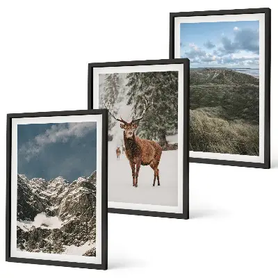 Wanddecoratieset schilderijen met bergen, sneeuwherten en een boslandschap