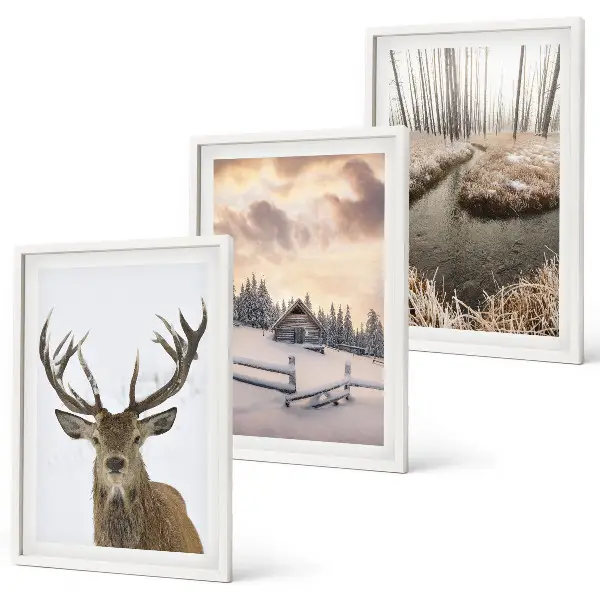 Wanddecoratie set schilderijen winterlandschap met hertenhut