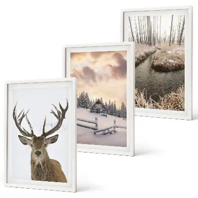 Wanddecoratie set schilderijen Winterlandschap hertenhut